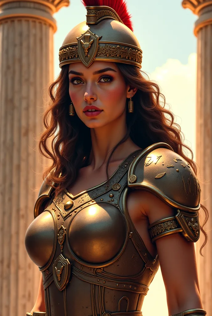 Crue the Greek goddess Athena , the image must be realistic of a beautiful woman perfectly characterized as the goddess Athena with her battle helmet