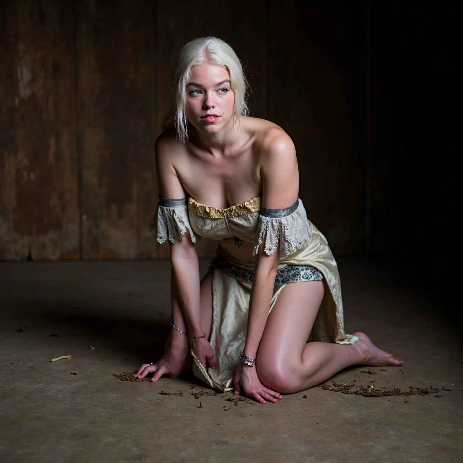 Professional photo of  Rainyra Targrien wearing a light medieval skirt , Topike .  open belly , open shoulders , Open legs.  stockings. Rainier is on all fours in an old dirty shed , hand jewelry , foot decoration.  She has a long , wet bright white hair. ...