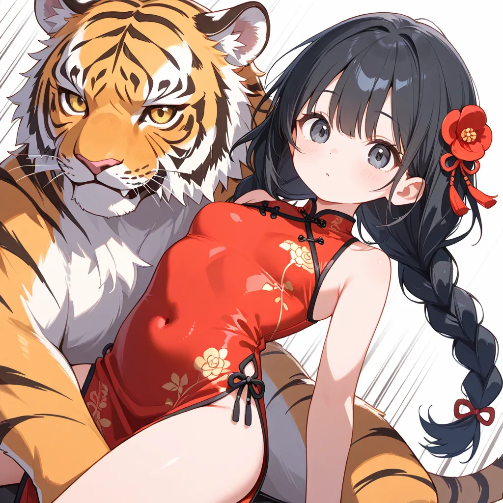 one girl、 black hair、braids、red china dress、ride on tiger,speed lines,top quality、high resolution