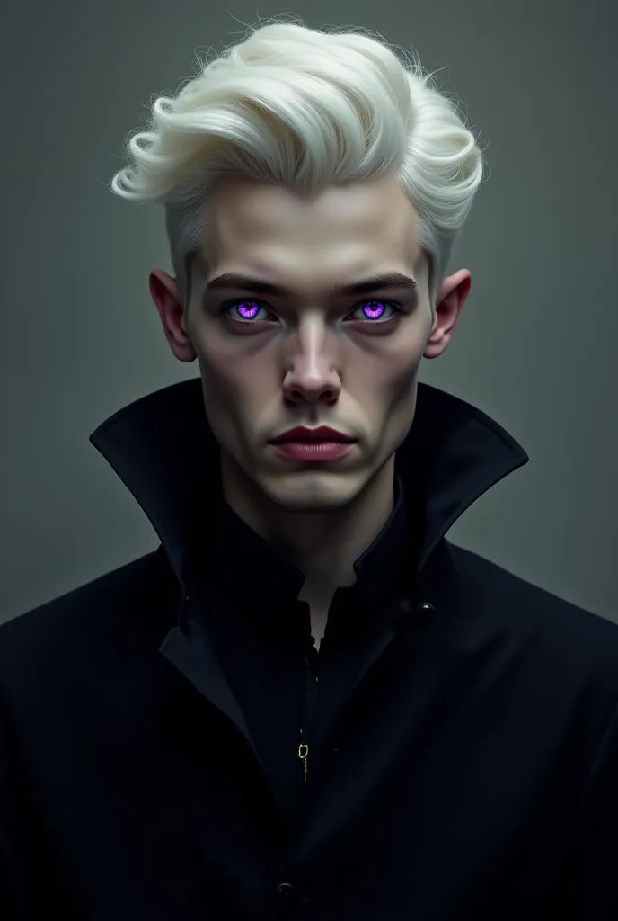 1 man, slightly curly white hair, Violet purple eyes and black clothes 