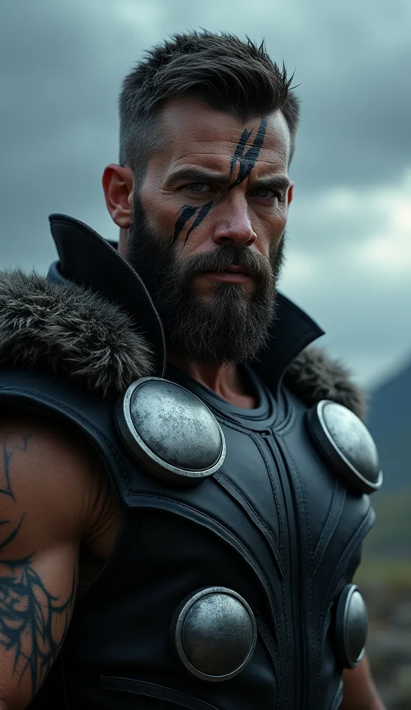 Do a Thor with a good amount of scarred muscles on the face without a beard, short black hair and wearing a black coat.