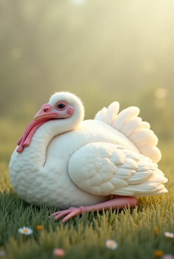 A white turkey sleeping with its legs up 