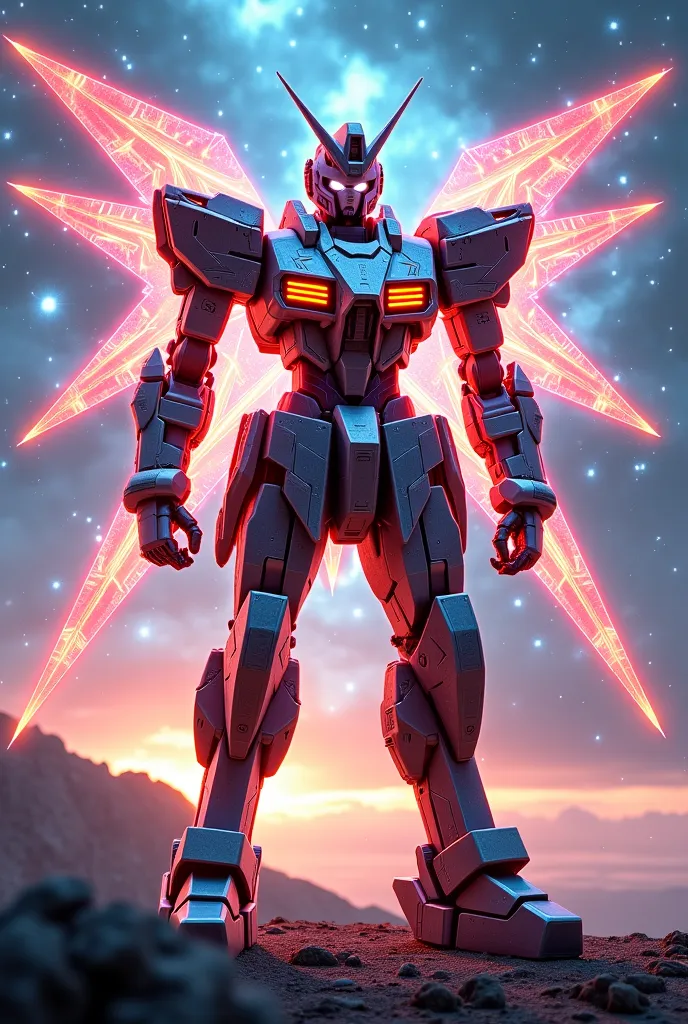 Sci-fi Knight gundam mecha with Shining energy in the cracks of armor with wings of cosmic energy 