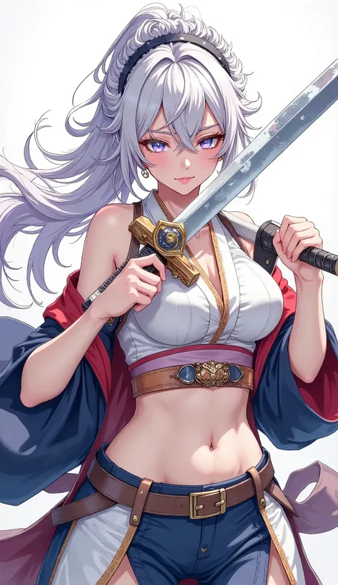 (Japanese style, watercolor), Full body composition, (Dutch angle, from below), ((Vertical slash, slash with katana, is a beautiful maid wearing a Japanese hakama, Character "Atlas"), alone, (slashing with samurai sword, dynamic, Sharp cutting edge, brilli...