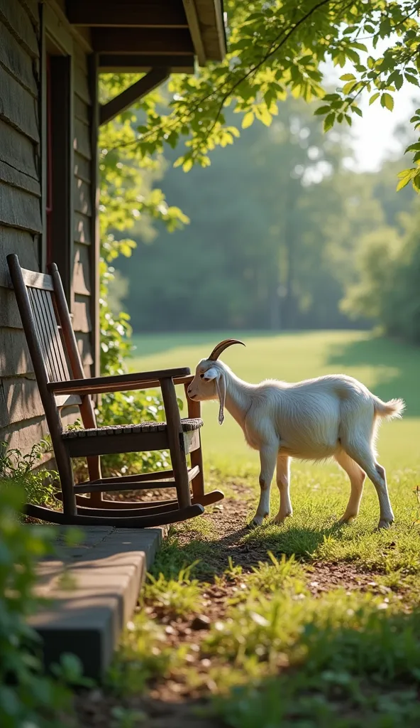 Back at the farm, the white goat walks aimlessly around the yard. It approaches the old lady's rocking chair on the porch, where she used to sit and rest. The goat sniffs the chair and looks around, as if expecting her to appear. When she doesn't, it lies ...