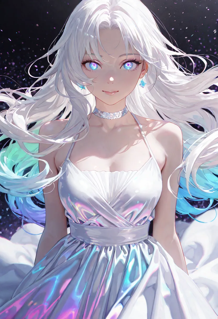 ultra detailed, absolutely resolution, masterpiece, highly detailed, sharp focus, vivid colors, soft lighting, cinematic composition, close-up of a noble lady on a white, glossy silky flowing high layered white hair, cool beauty expression, captivating eye...