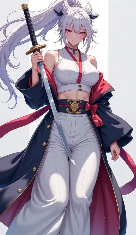 (Japanese style, watercolor), Full body composition, (Dutch angle, from below), ((Vertical slash, slash with katana, is a beautiful maid wearing a Japanese hakama, Character "Atlas"), alone, (slashing with samurai sword, dynamic, Sharp cutting edge, brilli...