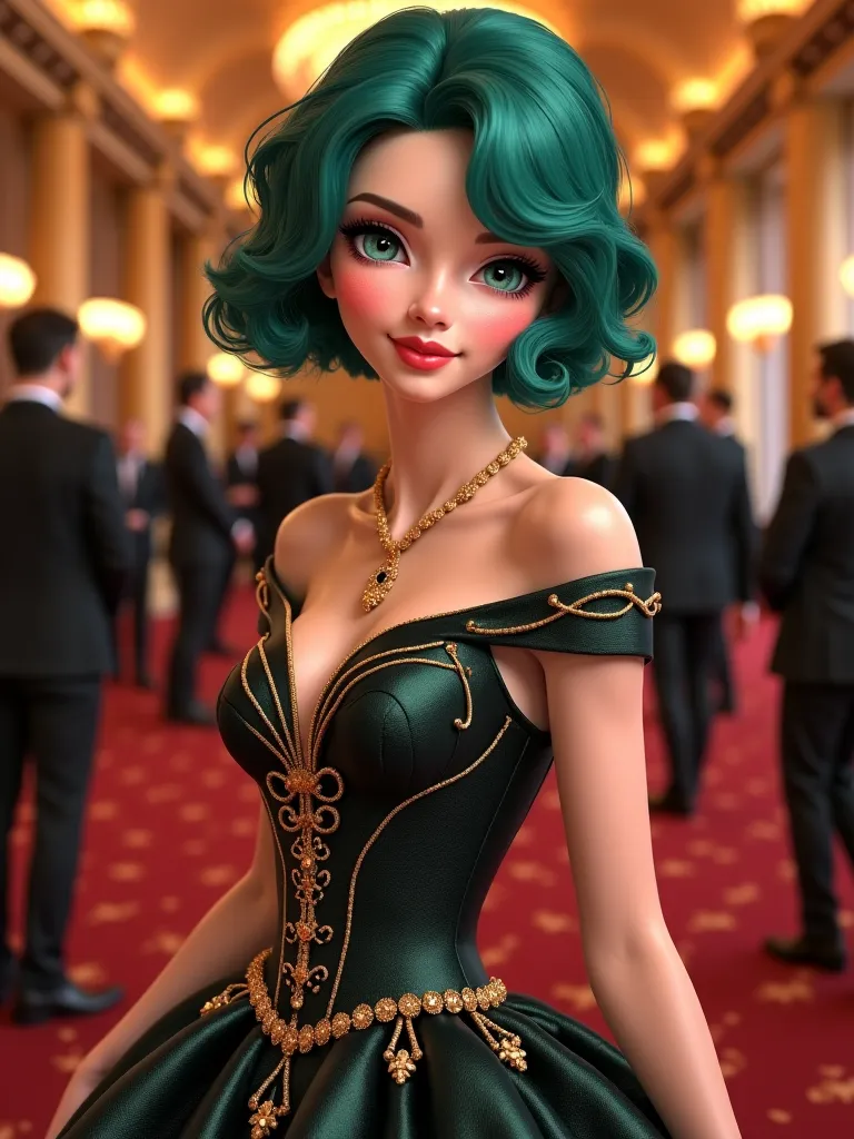 A very good looking princess with a short wavy jade coloured hair and has a beautiful pairs of jade coloured eyes, she appears to be wearing a beautiful black and gold coloured gown and the settings is in the middle of a ballroom, full body potrait style,8...