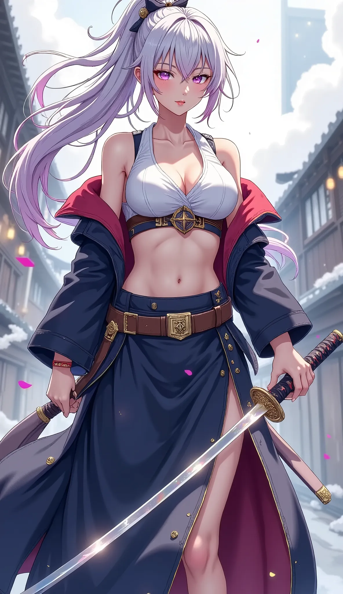 (Japanese style, watercolor), Full body composition, (Dutch angle, from below), ((Vertical slash, slash with katana, is a beautiful maid wearing a Japanese hakama, Character "Atlas"), alone, (slashing with samurai sword, dynamic, Sharp cutting edge, brilli...