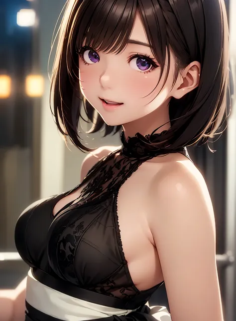   high resolution  ,In 8K, top quality, details,   semi-realistic anime ,   D Anime Style   ,  Smooth animated CG for bar counters ,   19-year-old Japanese woman who does athletics、 slim,modeling,((  eyeliner)),(( short bob)),(Maroon Glowing Hair ),(( shor...