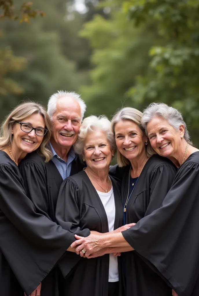 Create an image of 5 real agers posing for a photo with their college graduate partner 