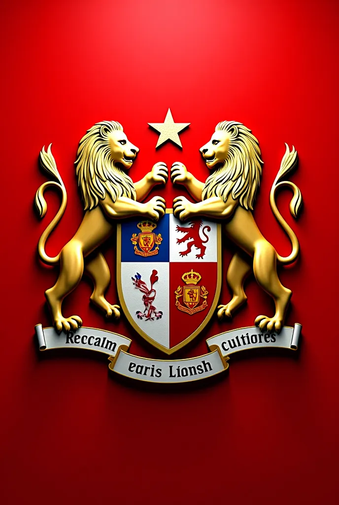 Create a soccer shield with two lions and that has a red and white color