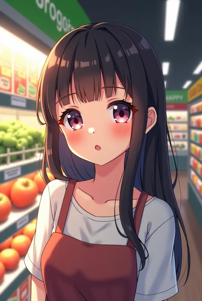 anime girl in a grocery store looking at the camera, an anime drawing inspired by Ayami Kojima, pixiv, shin hanga, anime visual of a cute girl, kawaii realistic portrait, smooth anime cg art, realistic anime 3 d style, cute anime girl, convenience store, d...