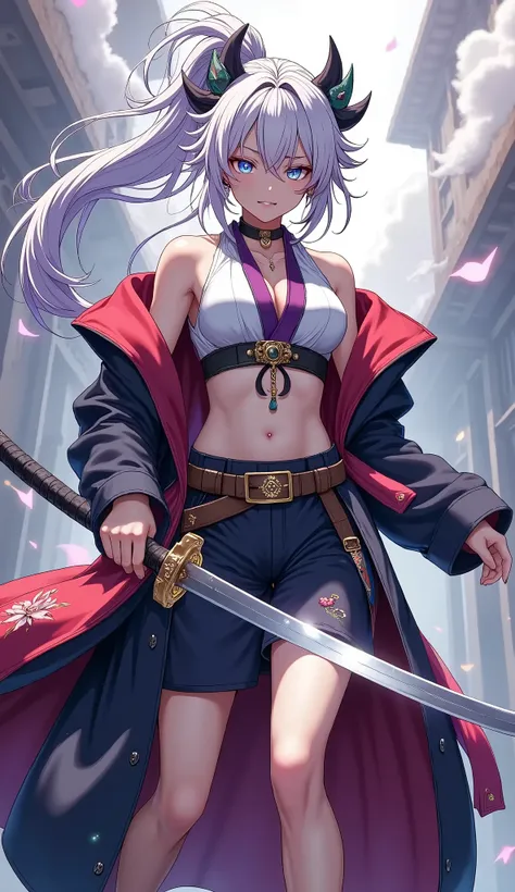 ((character "Atlas", Wearing samurai hakama, long length), Full body composition, dynamic, Alone, samurai sword slashing, moment, slash with the japanese long sword, adult woman), Quick Dynamic Composition, japanese style, ( name : Atlas /Atlas race:half...