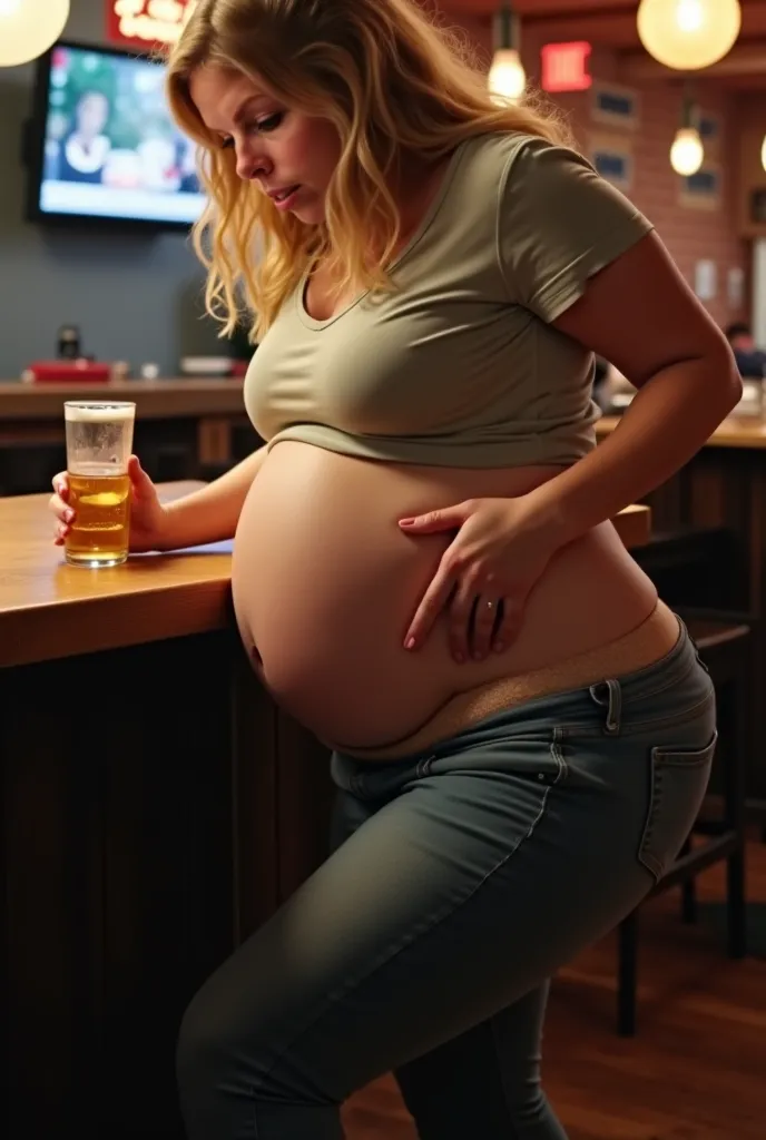 Drunk girl. Trying to hold up her gigantic beer belly. Leaning forward on a table. Thight pants. Small T-shirt. Visible thong. Picture from the side. Blond hair.