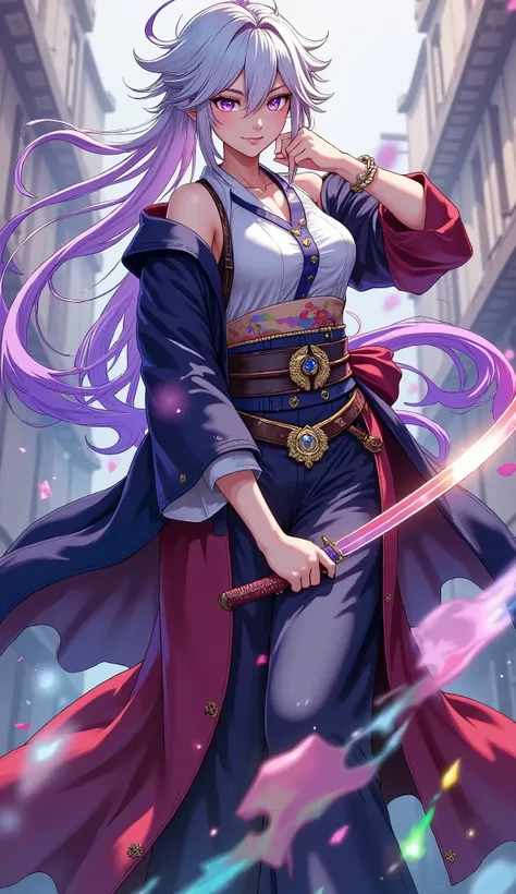 ((character "Atlas", Wearing samurai hakama, long length), Full body composition, dynamic, Alone, samurai sword slashing, moment, slash with the japanese long sword, adult woman), Quick Dynamic Composition, japanese style, ( name : Atlas /Atlas race:half...