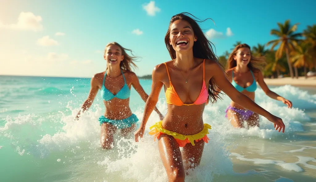 Close-up shots of girls in bikinis running into the ocean, splashing water, and having fun under the sun.