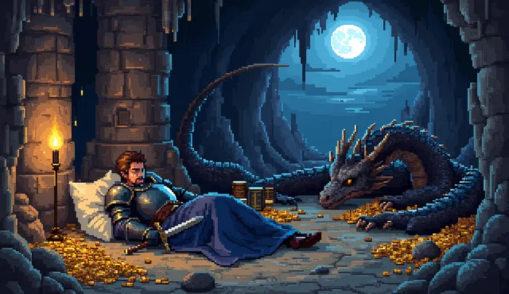 A highly detailed pixel art scene in the style of a classic dark fantasy RPG. The setting is the interior of a vast dragon’s lair, illuminated by the warm glow of scattered torches and the soft shimmer of bioluminescent crystals embedded in the cavern wall...