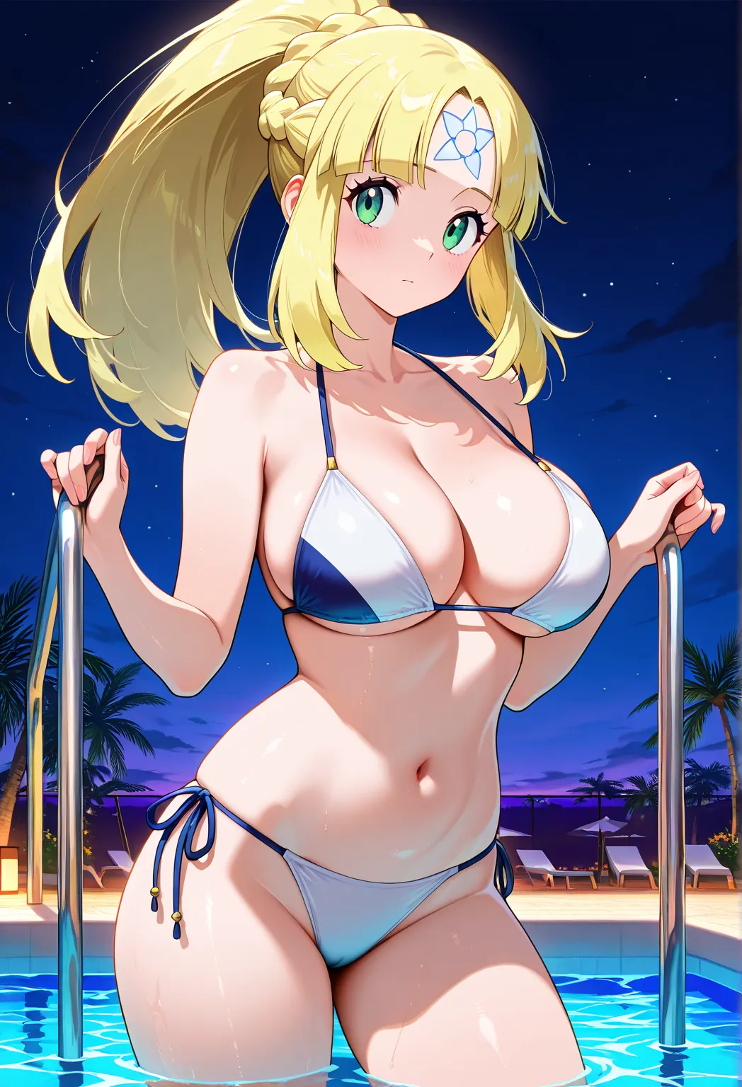 High Res Images, masterpiece, best quality, great quality, Official Art, Alone, 1 girl,   Pokemon Lily, 1 girl, Ally Lee, long hair, blonde hair, french braid, ponytail, green eyes, BIG chest, curvilinear, big ,                      Break Solo, swimsuit, b...