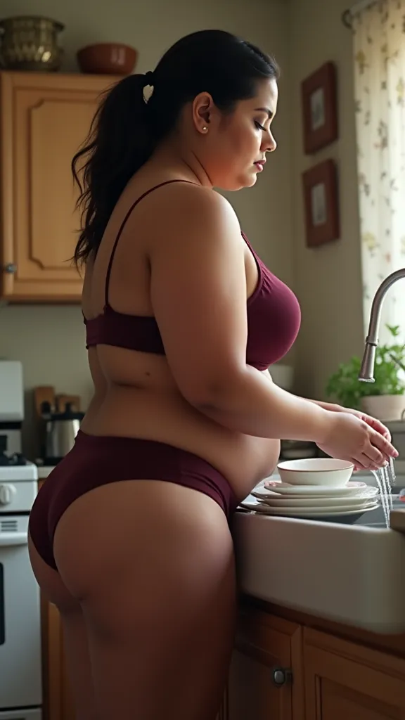  A plus size indian mature woman in kitchen . Wearing a dark meroon panties and bra. She is washing plates. Thick and shot thighs. Curvy hip and big breast
