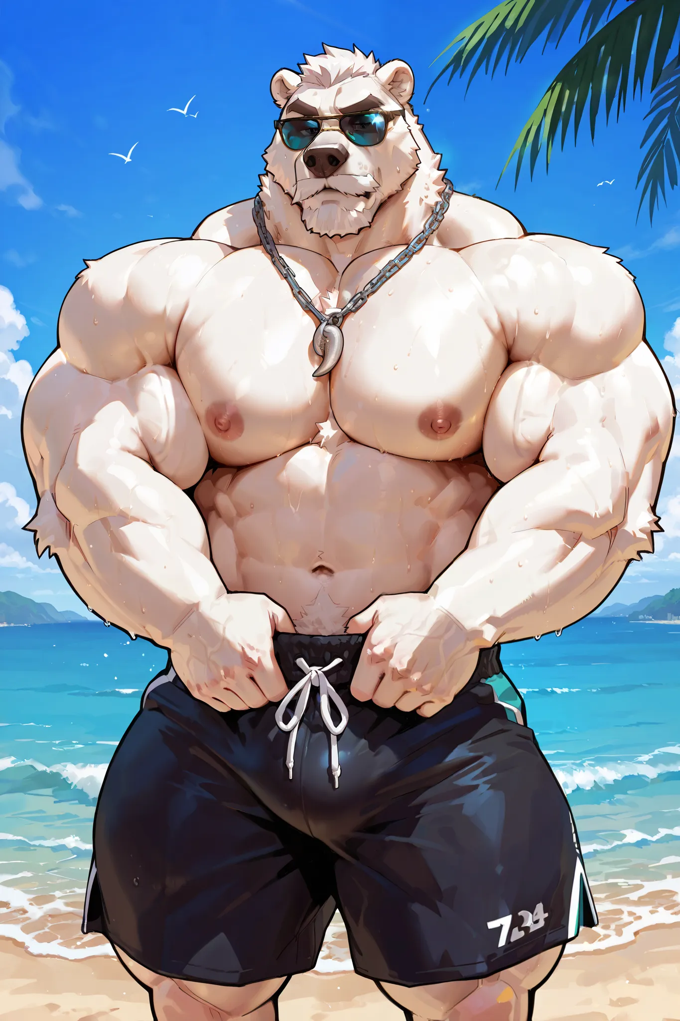 solo, 1boy, Huge Muscular Polar Bear Dad Brute wearing black sunglasses, huge white fur, pectoral, huge pectoral, wide pectoral, thick arms, short white hair, black swim trunks, black wristbands and shirtless topless, bearded white, white Mustache, white f...