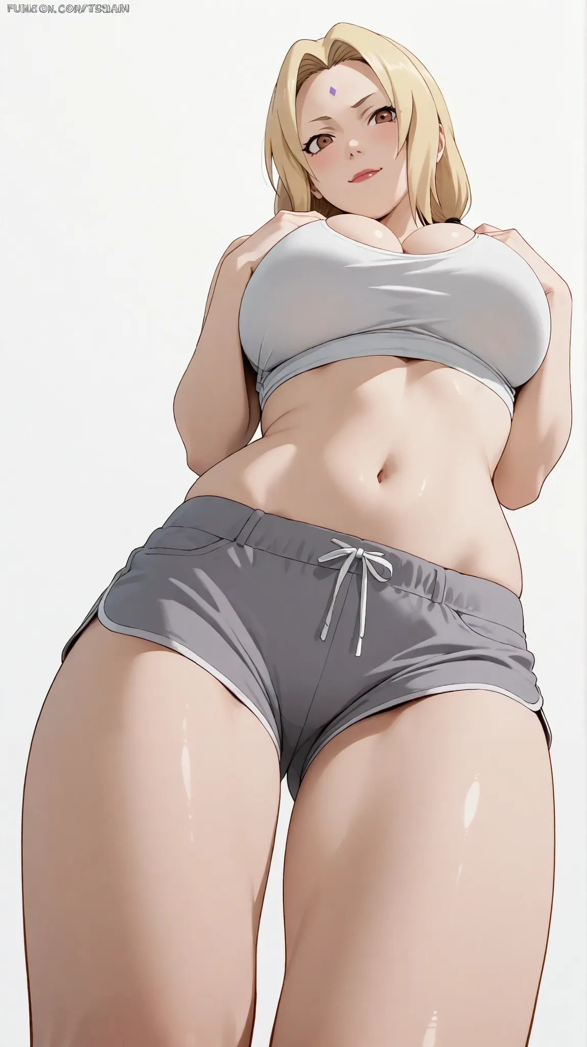 masterpiece, extremely detailed,perfect skin texture,4k,solo,1girl ,((fullbody)),tsunade,girlish face,mature,sexy legs,perfect body,large breasts,holding breasts,cleavage,white tank top,grey shorts,housewife, high detailed, best quality, upper body, white ...