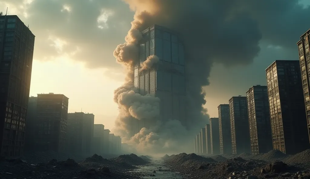 "A massive skyscraper collapses in the middle of a modern city, tilting dramatically as dust and debris fill the air. The surrounding buildings are heavily damaged, some partially destroyed, with rubble covering the streets. A thick cloud of smoke rises fr...