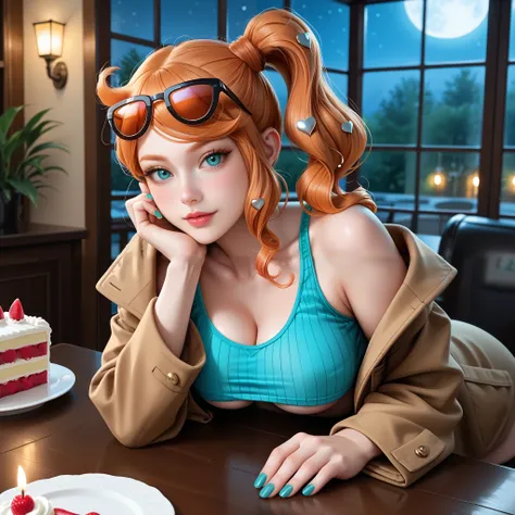 score_9, Sonia, side ponytail, aqua eyes, eyewear on head, black framed sunglasses, heart hair ornament, aqua crop top, underboob showing, brown coat, nail polish, aqua nails, behind a table, leaning over with breasts on the table, breasts resting, front v...