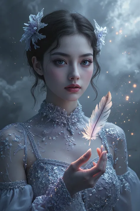 Create a digital artwork in a pop art style with a dramatic and ethereal atmosphere, featuring a strikingly beautiful woman with bold makeup and expressive eyes, dramatically gazing at a delicate, floating feather. Her fashion blends vintage and modern ele...