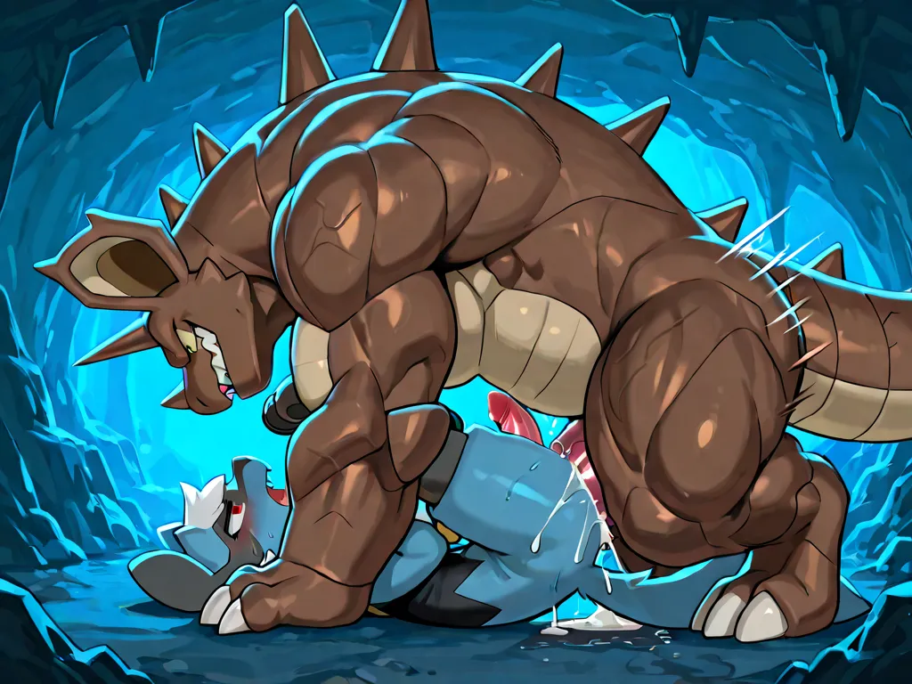 4k ultra quality, 4k full body view,masterpiece quality, large feral nidoking, feral riolu, mating press, anal sex, very muscularon, [Behemoth:big horns and fins on the back, sweat, top, heavy weight bulky muscular, massive strong body, evil grin, looking ...