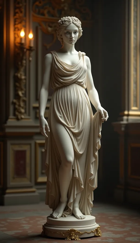 antique female statue looking right at the camera