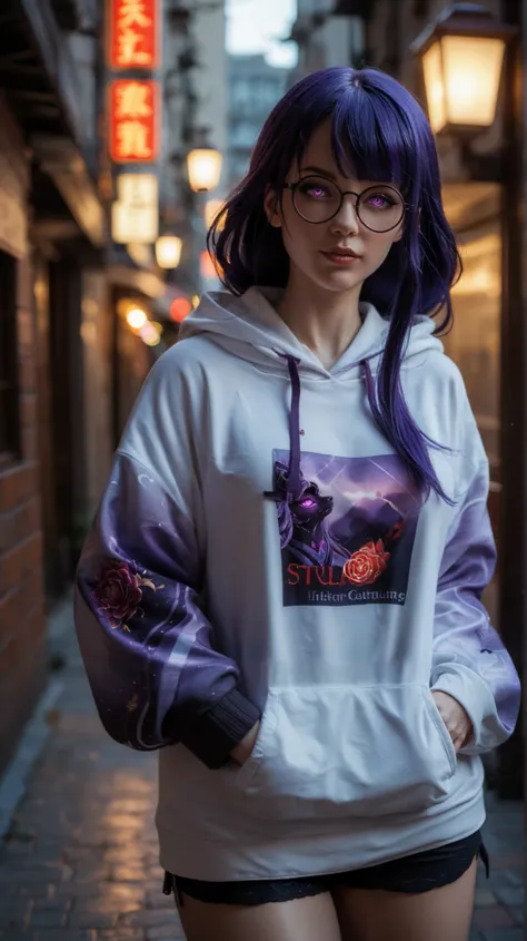 Raiden Shogun from Genshin Impact, reimagined in a casual yet stylish modern look. She wears an oversized white hoodie with red accents, its loose sleeves adding a cozy and relaxed feel. Her long, silky purple hair is tied into a casual ponytail, with a fe...