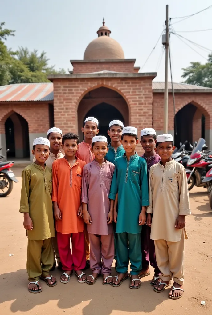 "A group of young boys of South Asian ethnicity, dressed in traditional Islamic attire including colorful kurtas, caps (taqiyah), and sandals, standing together in front of a mosque. The mosque has a rustic appearance with brick walls and arched doorways. ...