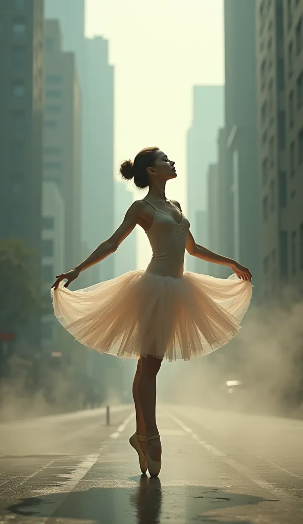 I want a beautiful ballerina with her eyes closed dancing in a city with a lot of smoke 