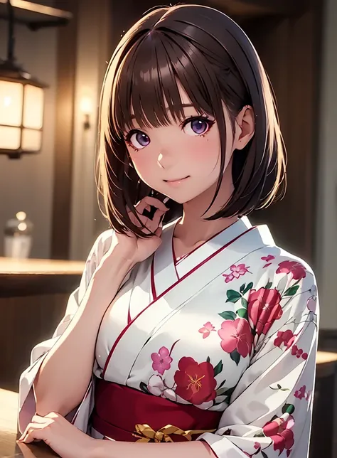   high resolution  ,In 8K, top quality, details,    semi-realistic anime ,    D Anime Style    ,  bar counter with smooth animated CG ,   19-year-old Japanese woman playing athletics、  slim,modeling,((  eyeliner)),(( short bob)),(Maroon Glowing Hair ),(( s...