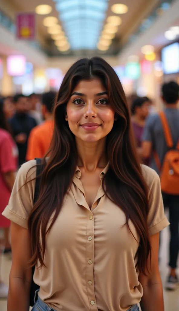 Indian woman, standing in a crowed mall, wearing casual dress, Masterpiece, UHD, Super Detailed, Open Mouth, Depth Of Field, Cinematic Lighting, 