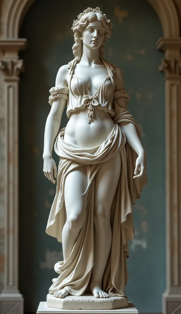 an antique female statue stands exactly in the direction of the camera