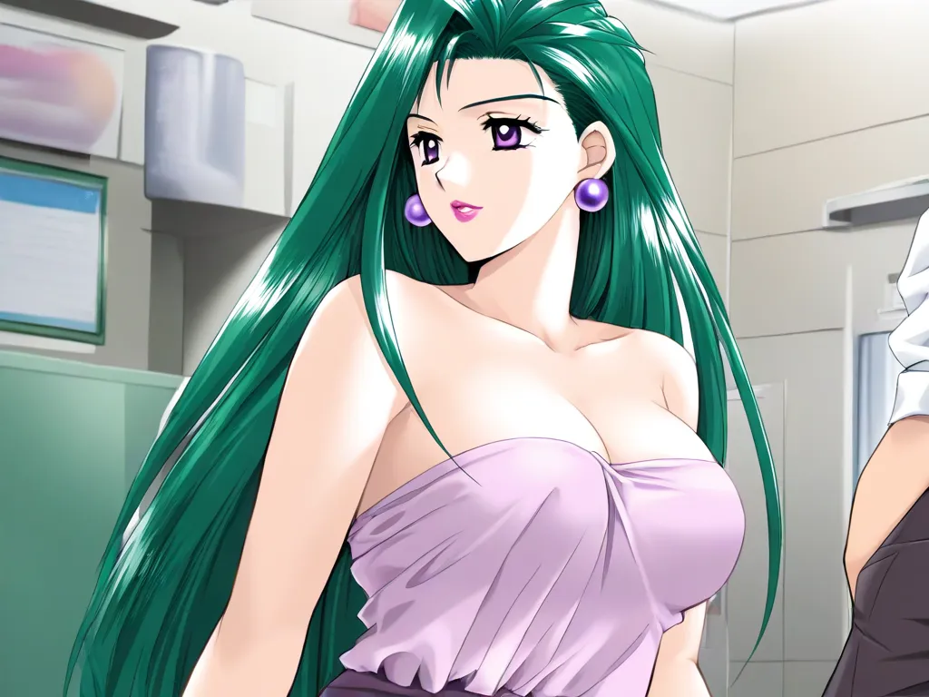 masterpiece, best quality, Good quality, Mitsuki_Shizuka, green hair, long hair, purple earrings, purple eyes, large 胸, lipstick,
1 girl, long hair, green hair, purple eyes、 shirtless, Skirt, In the science room、The scene where you open your chest and show...