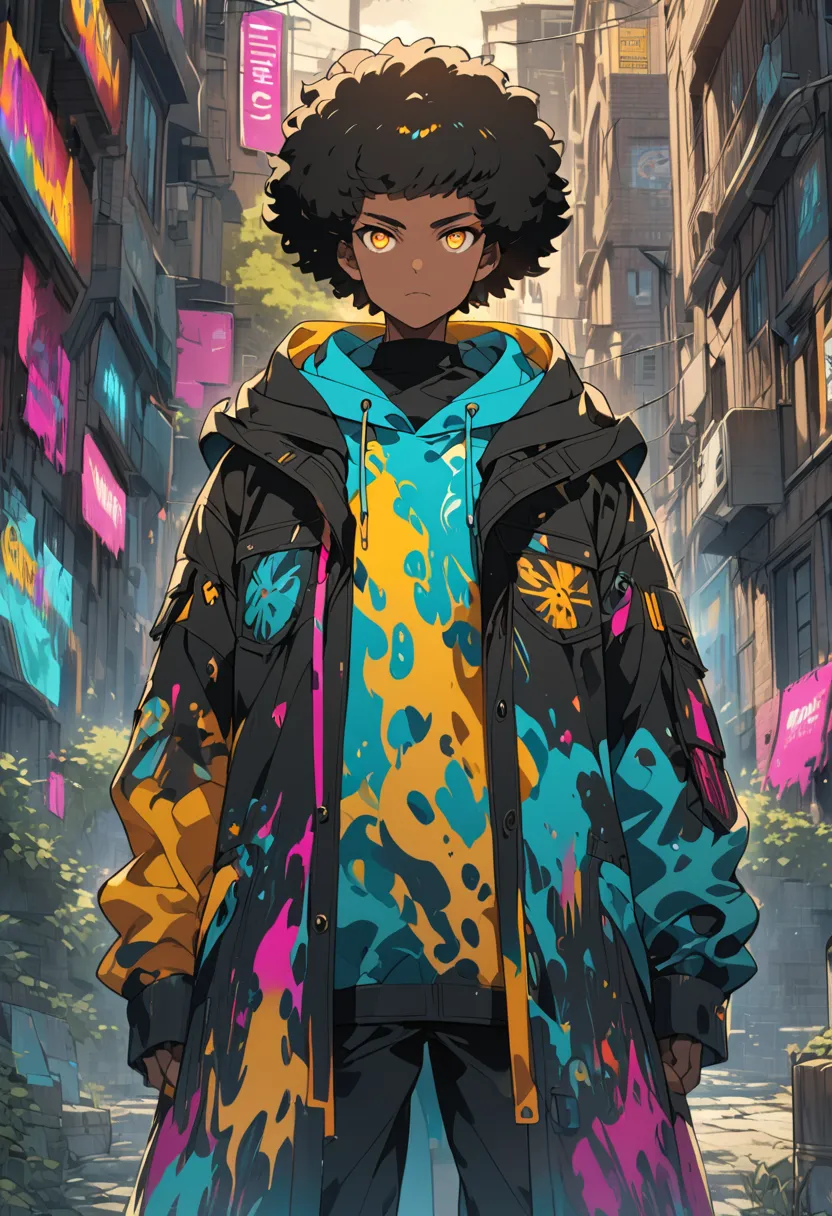 A young black man with rich, deep skin, bright golden eyes that seem to reflect light and Afro-black hair with a well-defined texture.   His face has a determined look , with expressive and energetic eyes,. art style game:   soft and detailed lines with a ...