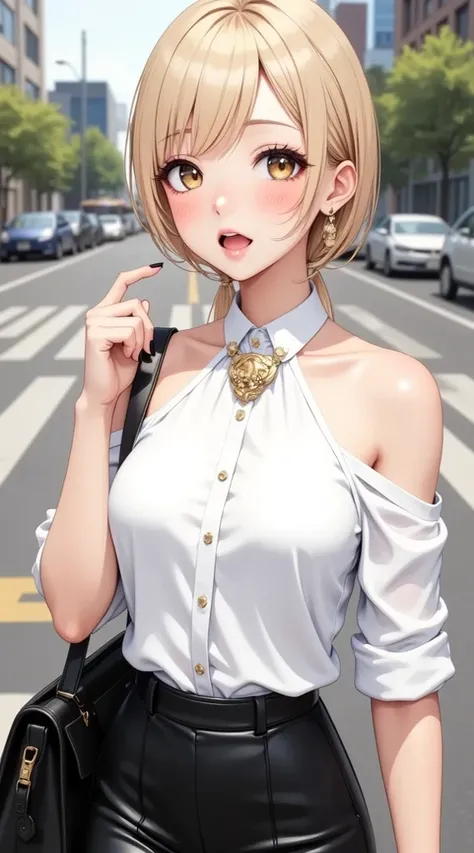  (masterpiece,  computer, mejor quality,  Clear focus, shadow, anime style, ultra high resolution, 8K, perfect anatomy, perfect face man, (detailed face), (  Detailed eye  ), score_9, score_8_arriba, score_7_arriba, score_6_arriba, score_5_arriba, score_4_arriba,  source _ animated, Label 1, Label2, quality_masterpiece, Anatomically correct, beautiful face, perfect face man, Beautiful and highly detailed face and eyes, attractive face, detailed face, delicate facial features, detailed skin, huge breasts, wide hips, gigantic butt lingerie, thick thighs. A modern-style anime girl, with long, light blonde hair, slightly undulating, and big bright gold eyes. She has an expression of surprise or amazement,  with flushed cheeks . She wears an elegant white blouse with bare shoulders and a high halter collar, adorned with a decorative floral brooch and gold medallion. She also wears tight black leather pants and She's wearing a black handbag with long strap hanging over the shoulder. Her manicure is elegant with black and white nail polish. The background shows an urban street with modern buildings, parked cars and trees on the edge of the sidewalk, On a clear, sunny day.
