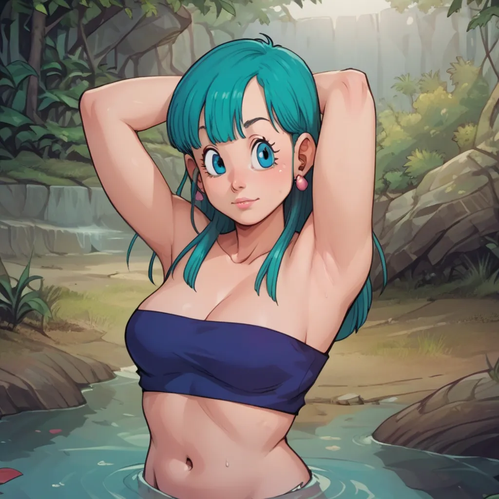 ,  a woman,  bulma, long hair,  breasts,  By the water,  navel,   bare shoulders, earrings, bracelet, Lips,    crop top,, strapless,,   showing his armpits,   raising her arms  , chubby