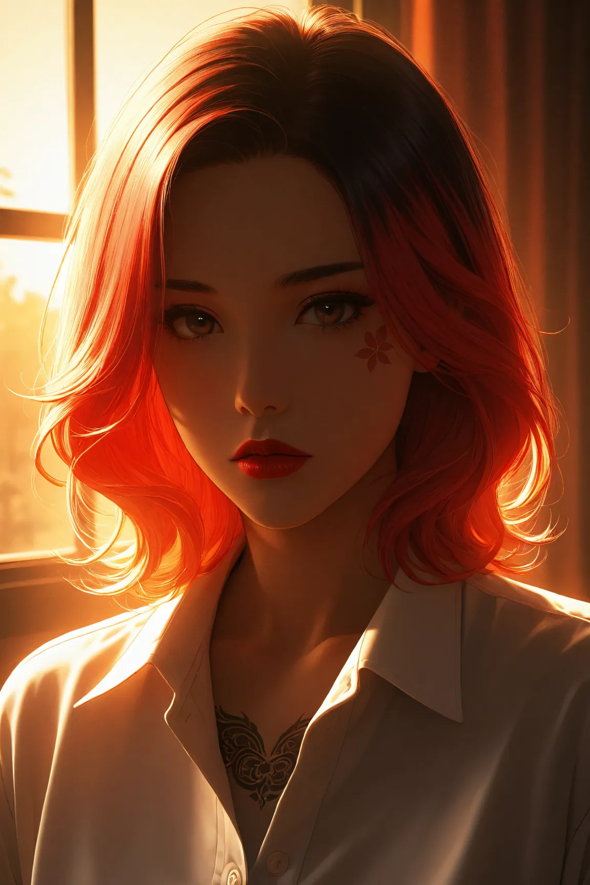 (woman masterpiece, highest quality, best quality, official art , ,delicate and beautiful face, dreamy cold eyes, ((Sunset)) , [red lip], (long wrinkled white shirt), (((very delicate and beautiful))) (sitting), expressionless, {( colored_hair_White:0.9_an...