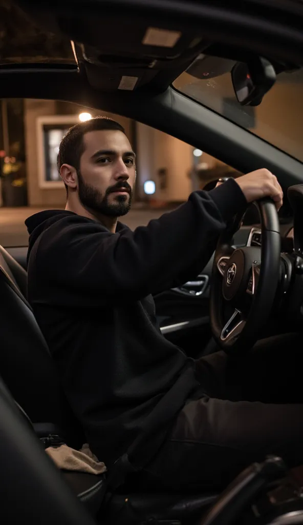 a handsome young turkish guy with muscle, dark very short hair fade middle parting and goatee beard  he wearing a long sleeved black sweatshirt and a black chino pants his shirt is in his pants and he has a black belt he is in a cabrio car and driving the ...