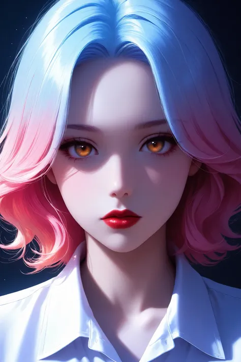 (woman masterpiece, highest quality, best quality, official art , ,delicate and beautiful face, dreamy cold eyes, ((Sunset)) , [red lip], (long wrinkled white shirt), (((very delicate and beautiful))) (sitting), expressionless, {( colored_hair_White:0.9_an...