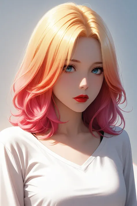 (woman masterpiece, highest quality, best quality, official art , ,delicate and beautiful face, dreamy cold eyes, ((Sunset)) , [red lip], (long wrinkled white shirt), (((very delicate and beautiful))) (sitting), expressionless, {( colored_hair_White:0.9_an...