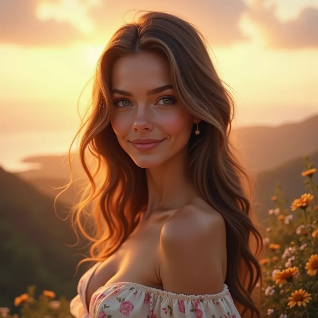 In the foreground a beautiful woman with loose hair and a slight smile , and in the background the view with the sun , romantic portrait 