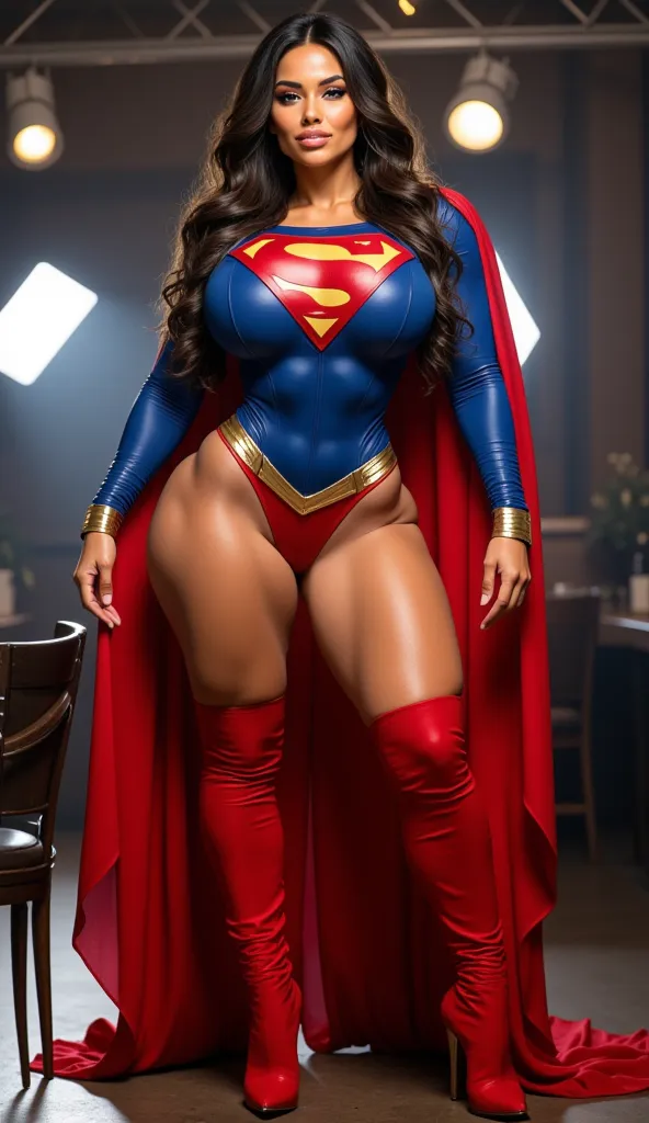 Masterpiece hyperrealistic image Large 36gg enhanced silicon breasts. Shyla Stylez the fitness model is dressed in a 2000’s supergirl costume, brown hair, ridiculously oversized enhanced silicon breasts, scoopneck costume, standing a room that has spot lig...