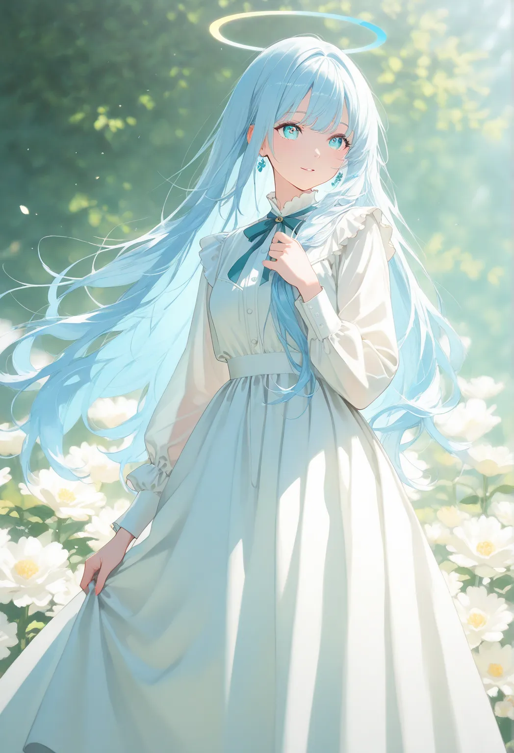 Beautiful two-dimensional anime girl with light pink gradation to light blue and long waist，Delicate facial features with charming turquoise eyes，Slim and beautiful hands，wearing a light pink long dress，standing in a beautiful sea of flowers，The background...