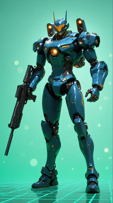 dark_fantasy, Cyberpunk, (gun, 1.1), 1 person, Mechanical Wonders , Robot Presence, Cybernetic guardian, green, 8k, simple background, Character, Detailed Facial Features, alert expression , mechanical action , Highly-equipped, Neon grid, metal texture,...