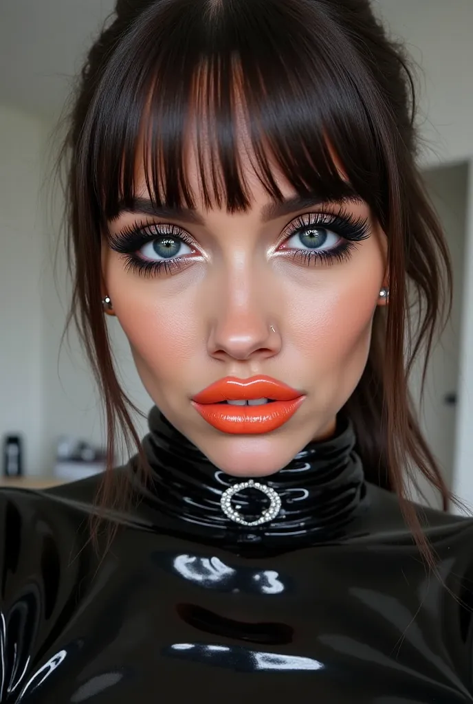 outrageously long and voluminous lash extensions., laughs a lot, Latex suit, diamond ear earrings, black hair, orange lips, bright black makeup